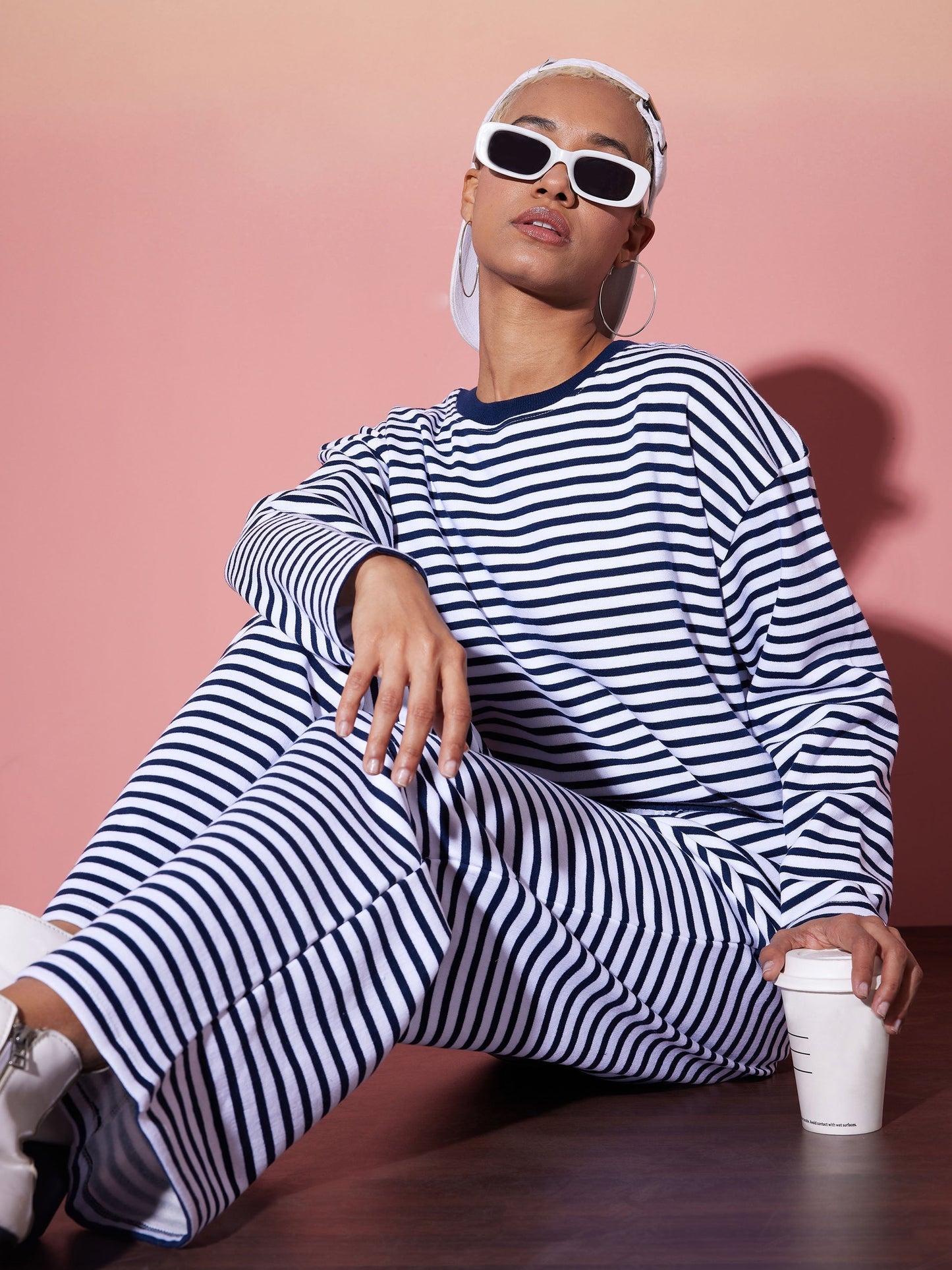 Navy & White Stripe Top With Lounge Pants