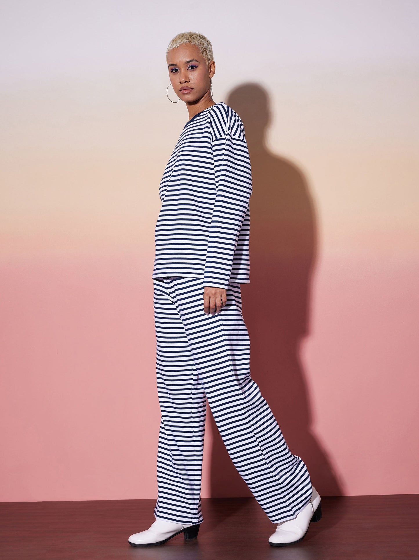 Navy & White Stripe Top With Lounge Pants