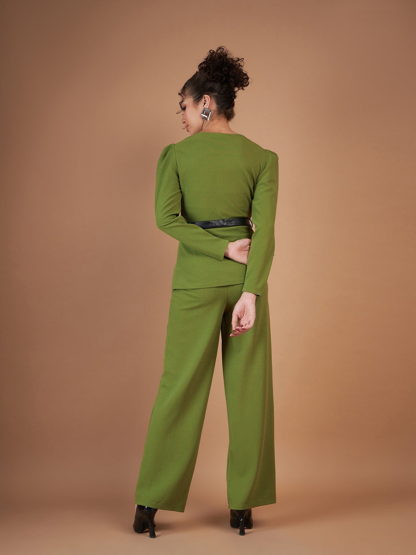 Women Green Belted Peplum Top With Darted Straight Pants