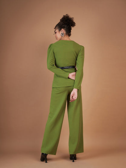 Women Green Belted Peplum Top With Darted Straight Pants