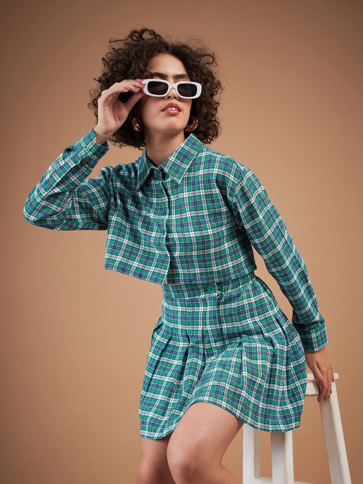 Green Yarndyed Check Crop Shirt With Mini Skirt