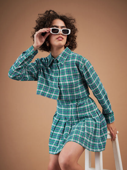 Green Yarndyed Check Crop Shirt With Mini Skirt