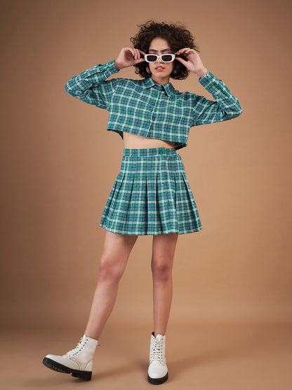 Green Yarndyed Check Crop Shirt With Mini Skirt