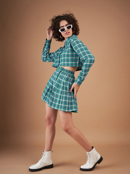 Green Yarndyed Check Crop Shirt With Mini Skirt