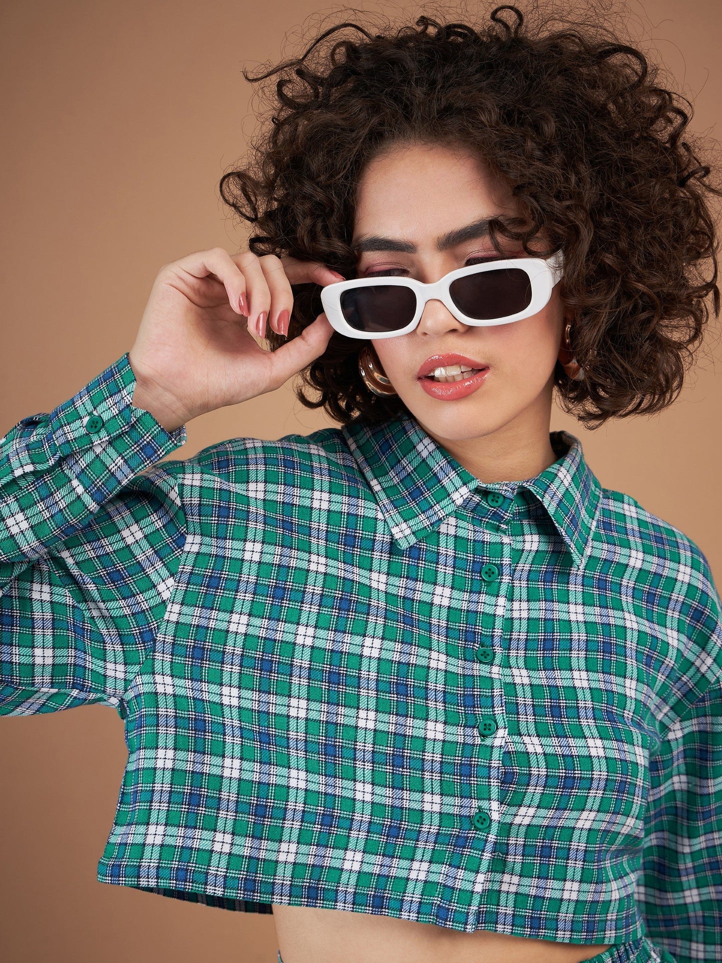 Green Yarndyed Check Crop Shirt With Mini Skirt