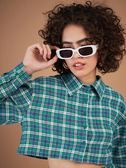 Green Yarndyed Check Crop Shirt With Mini Skirt