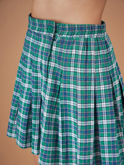 Green Yarndyed Check Crop Shirt With Mini Skirt