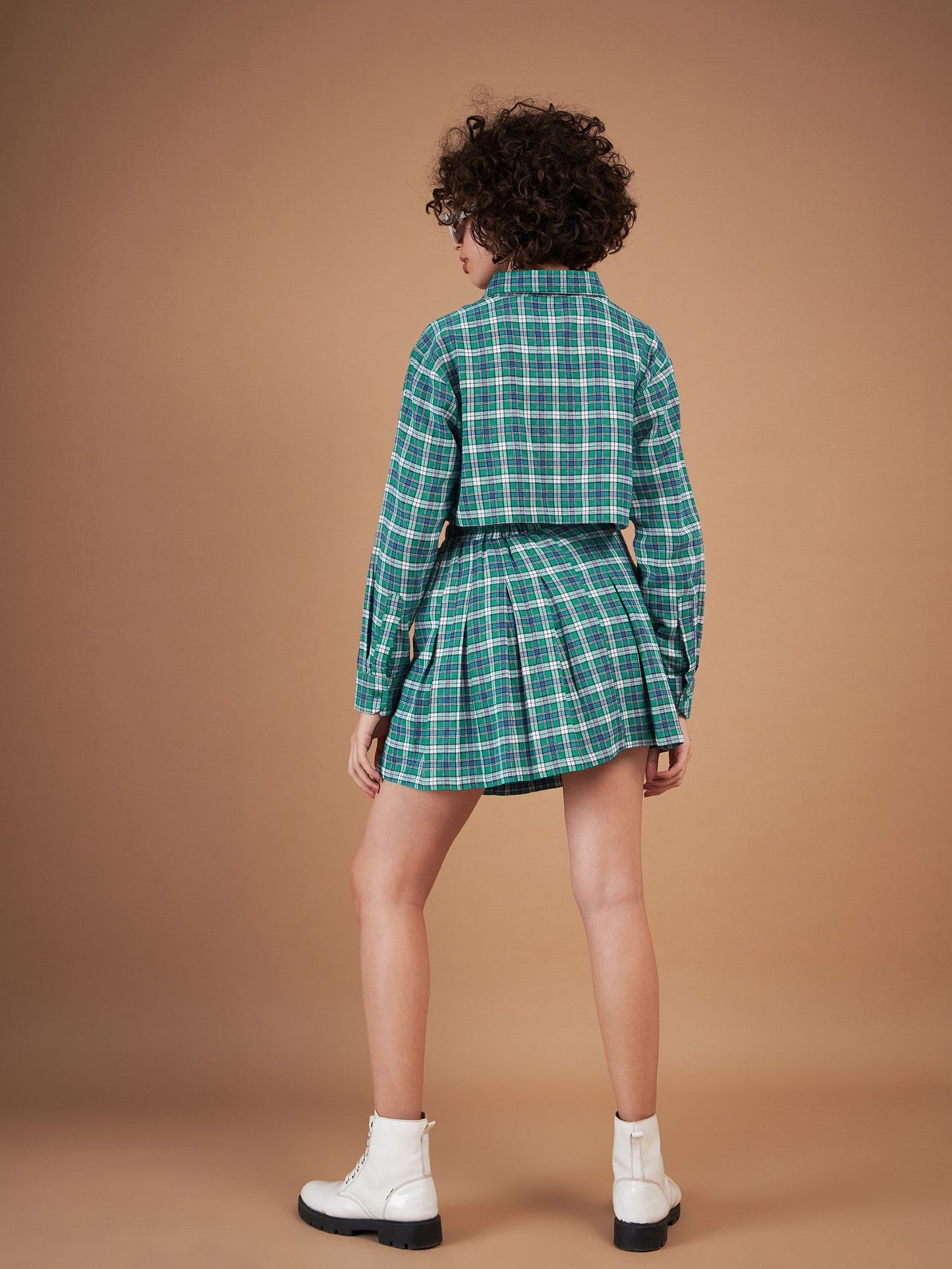 Green Yarndyed Check Crop Shirt With Mini Skirt