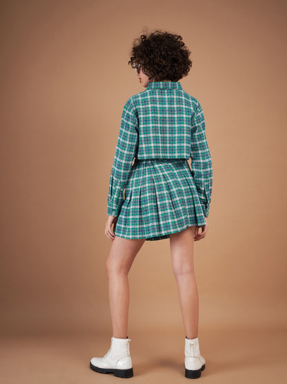 Green Yarndyed Check Crop Shirt With Mini Skirt