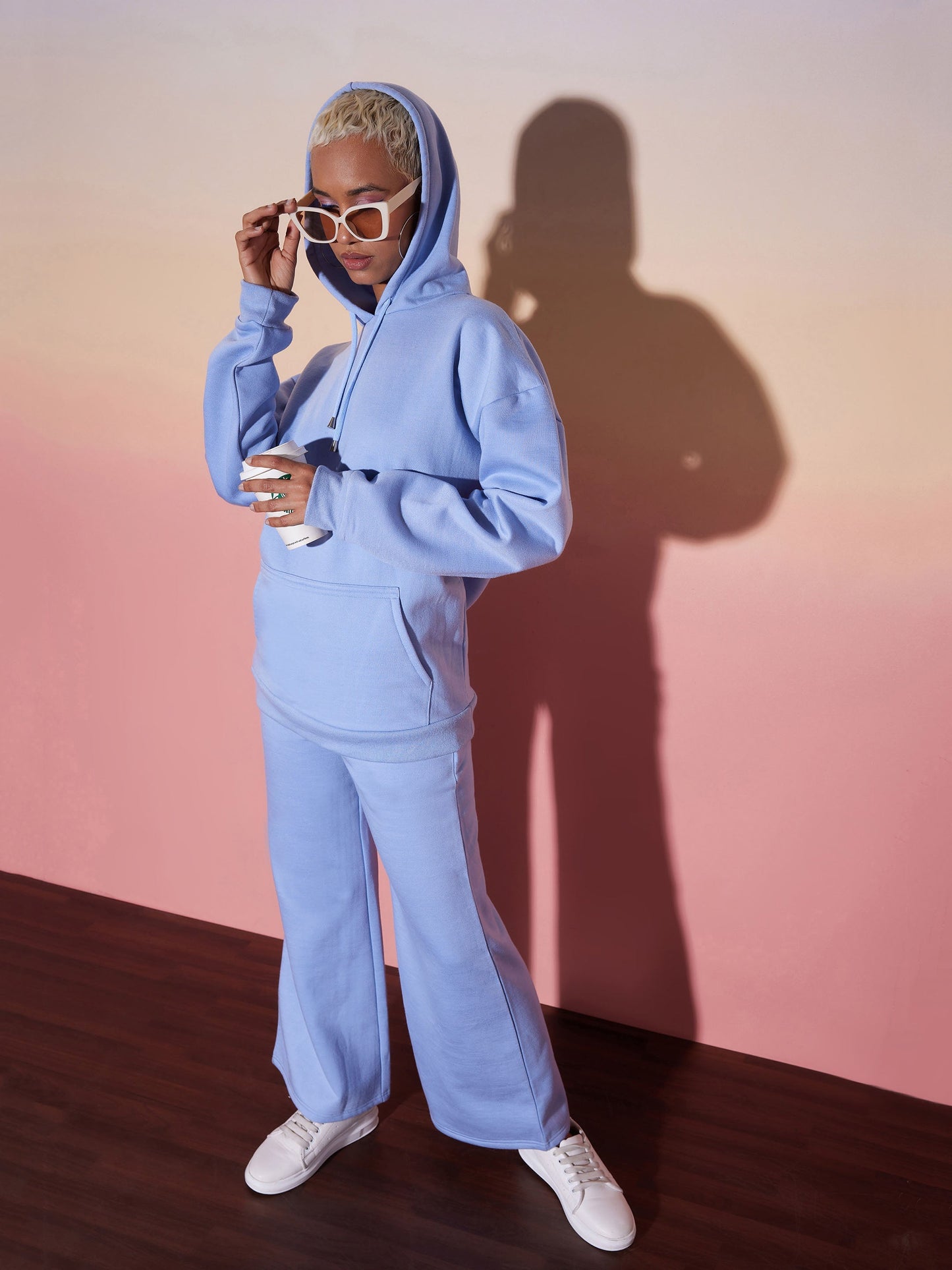 Aqua Blue Oversize Hooded Sweatshirt With Wide Leg Pants