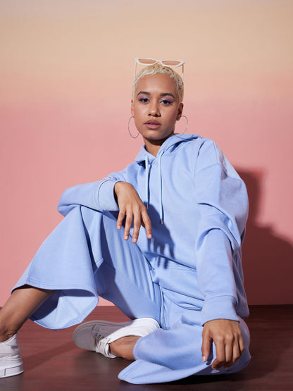 Aqua Blue Oversize Hooded Sweatshirt With Wide Leg Pants