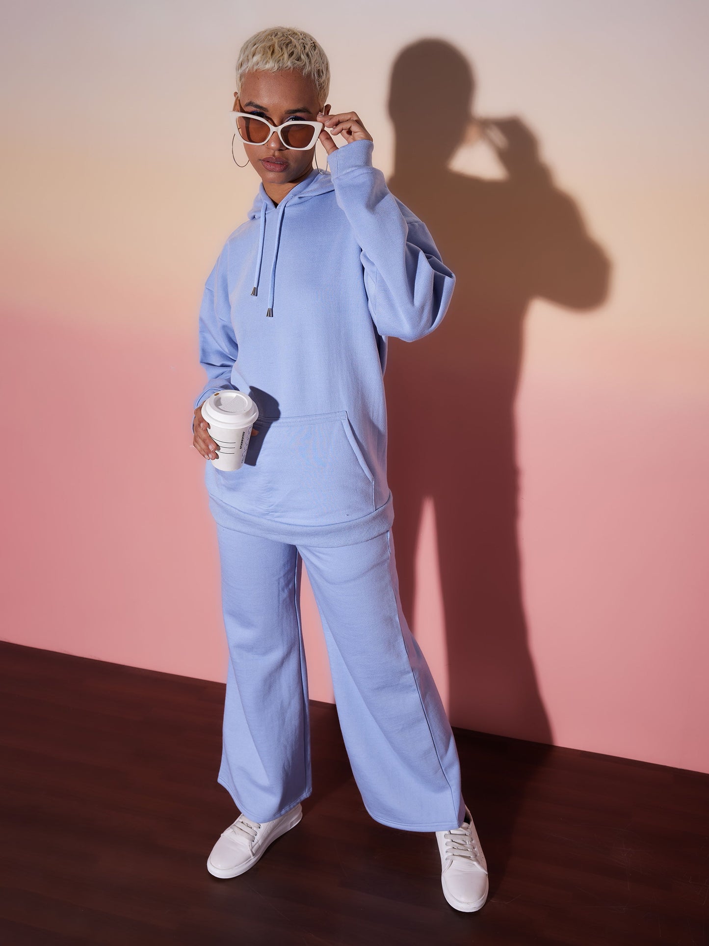 Aqua Blue Oversize Hooded Sweatshirt With Wide Leg Pants