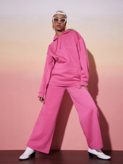 Pink Oversize Hooded Sweatshirt Wide Leg Pants