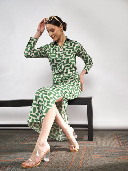 Green Satin Geometrical Shirt With Ruched Skirt