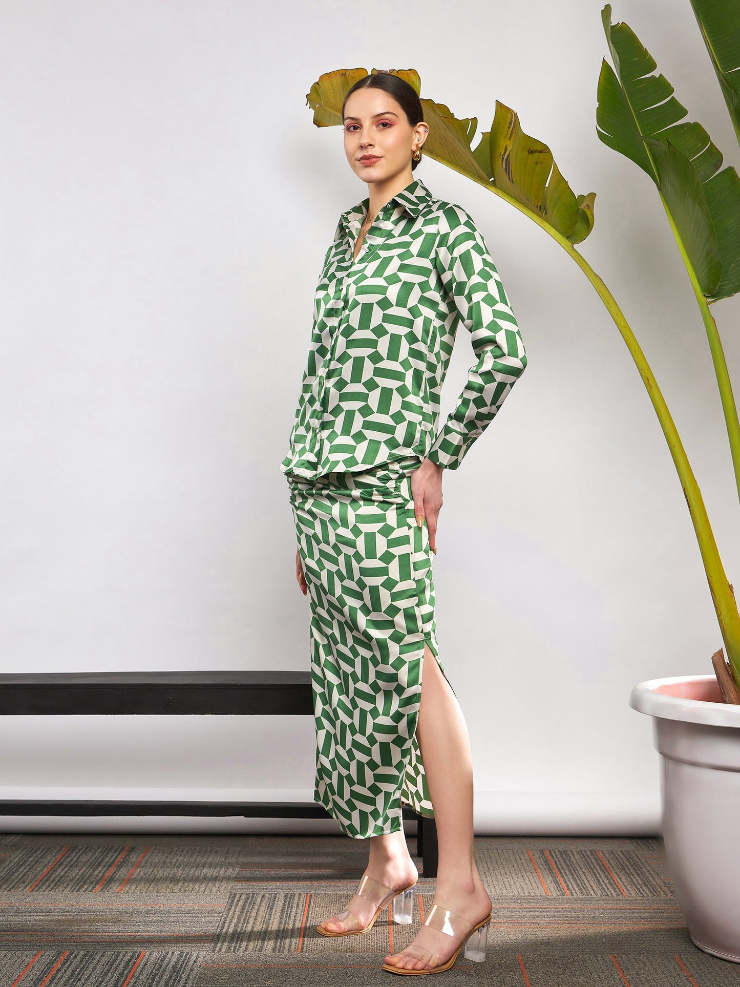 Green Satin Geometrical Shirt With Ruched Skirt