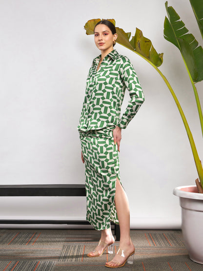 Green Satin Geometrical Shirt With Ruched Skirt