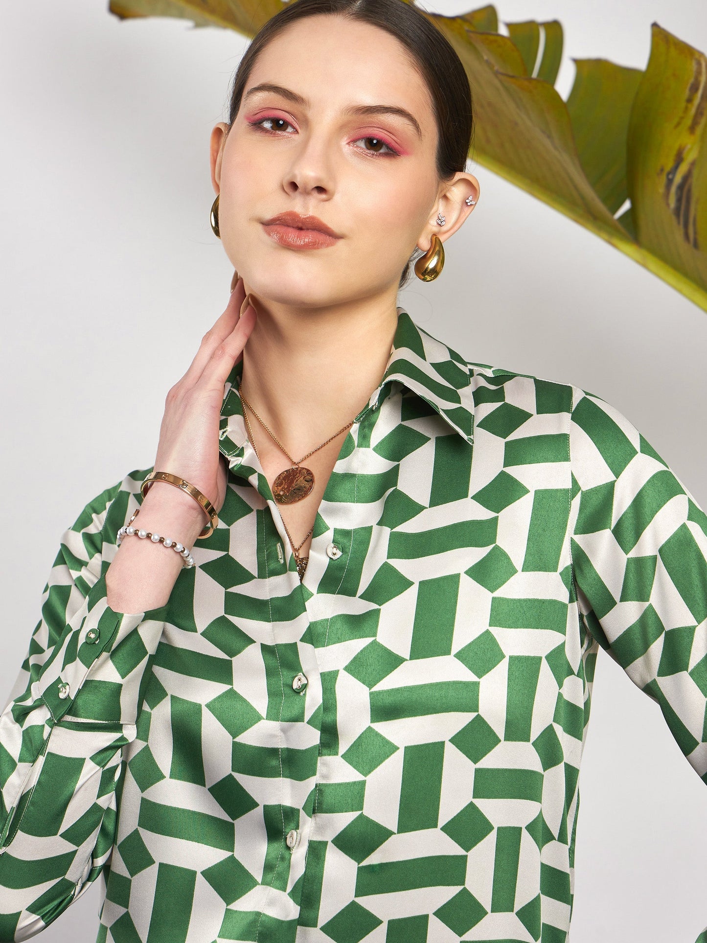Green Satin Geometrical Shirt With Ruched Skirt