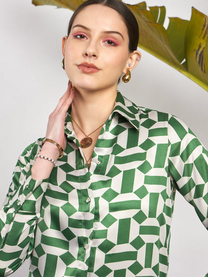 Green Satin Geometrical Shirt With Ruched Skirt