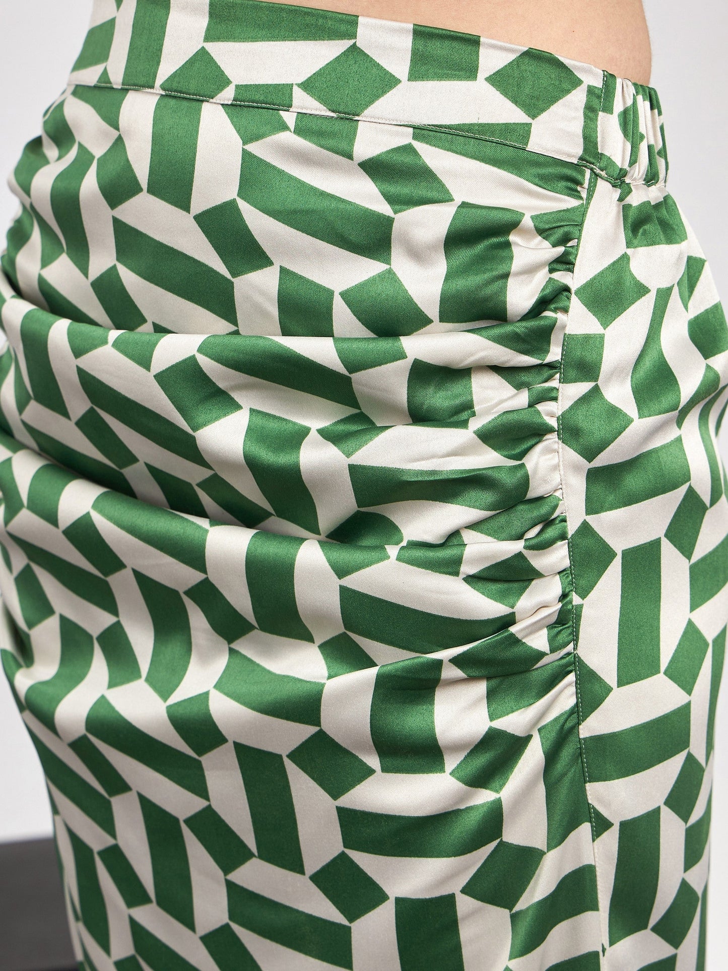 Green Satin Geometrical Shirt With Ruched Skirt