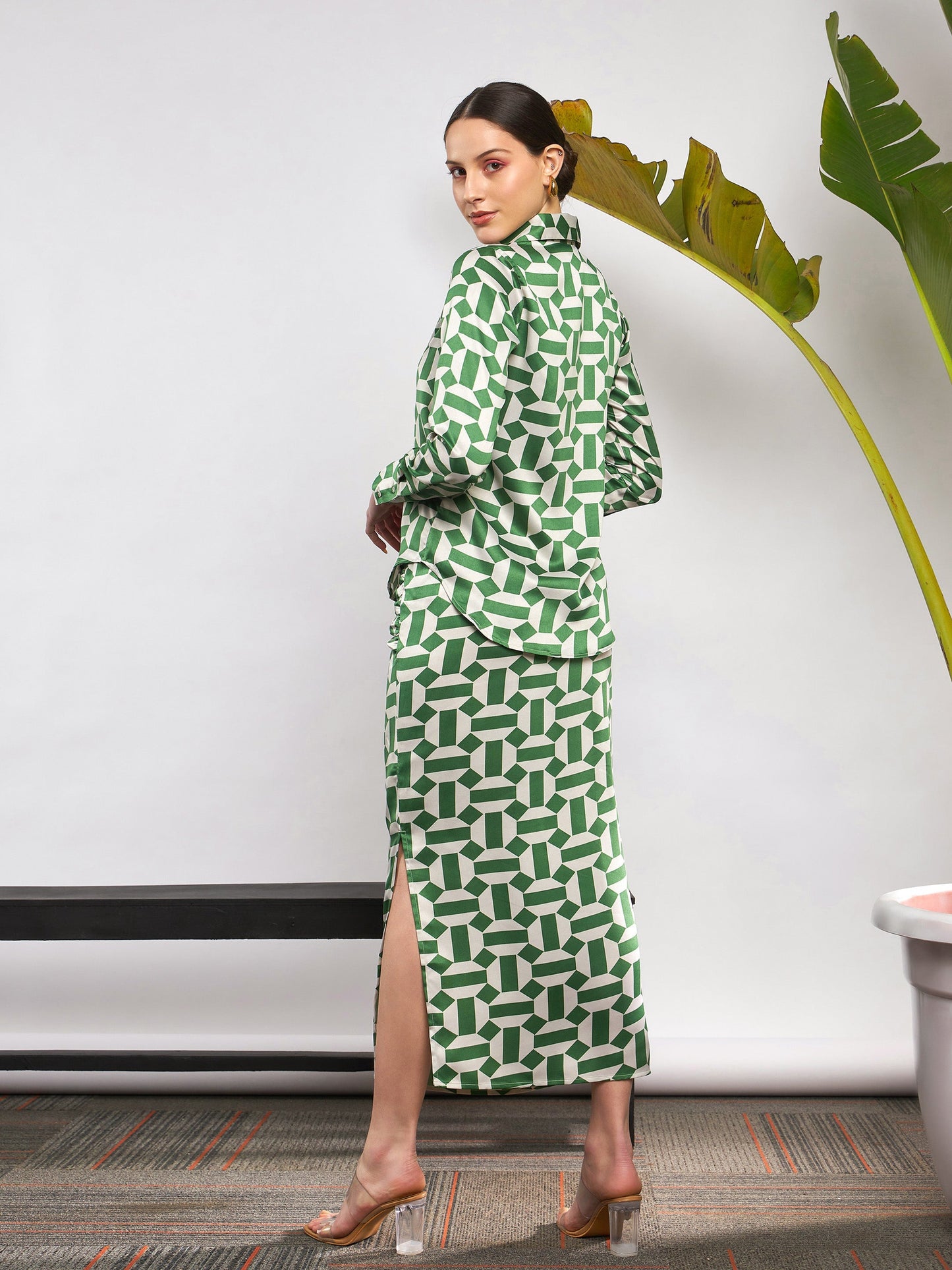 Green Satin Geometrical Shirt With Ruched Skirt