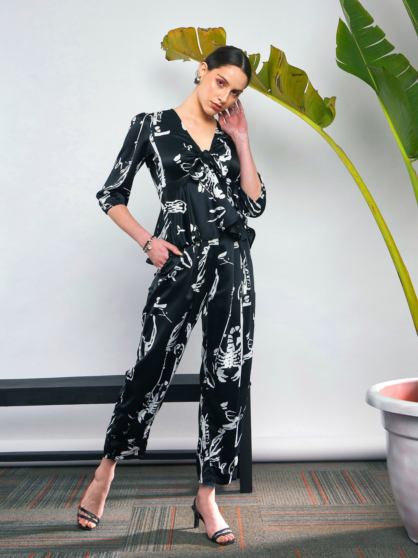 Black Satin Abstract Front Tie Top With Pants