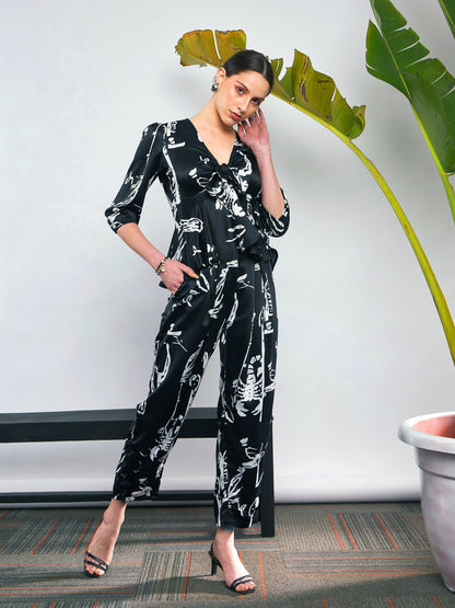 Black Satin Abstract Front Tie Top With Pants