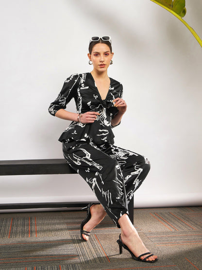 Black Satin Abstract Front Tie Top With Pants