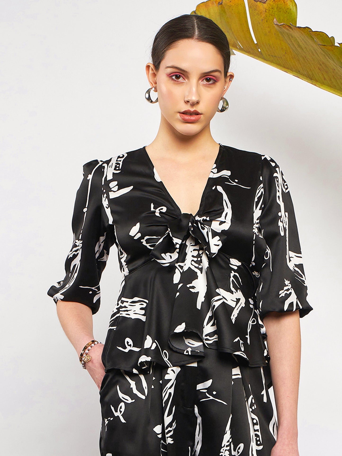 Black Satin Abstract Front Tie Top With Pants