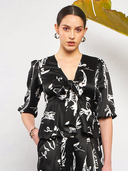 Black Satin Abstract Front Tie Top With Pants