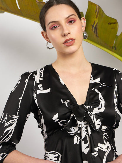 Black Satin Abstract Front Tie Top With Pants