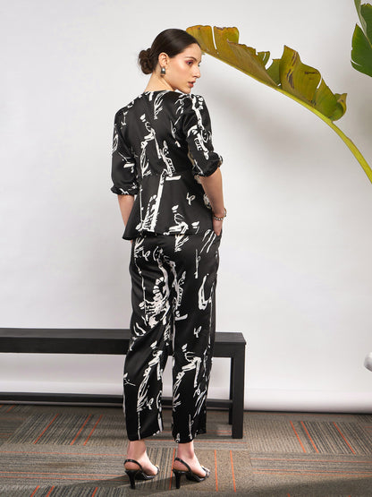 Black Satin Abstract Front Tie Top With Pants