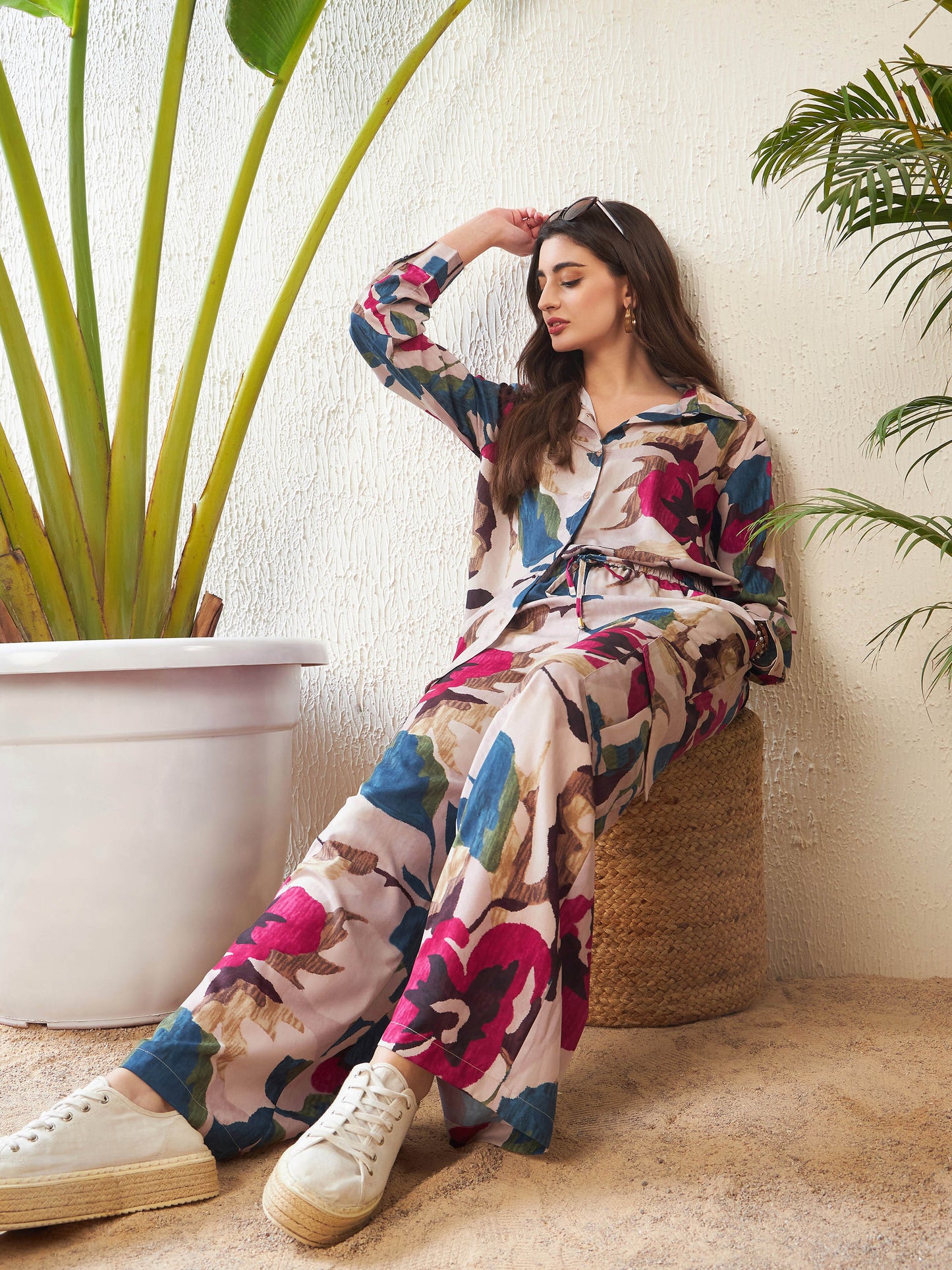 Women's Women Beige Floral Oversize Shirt With Box Pocket Pants in Georgette by Sassafras for wholesale, bulk, supplier, manufacturer and wholesaler buyers from Trendphoria