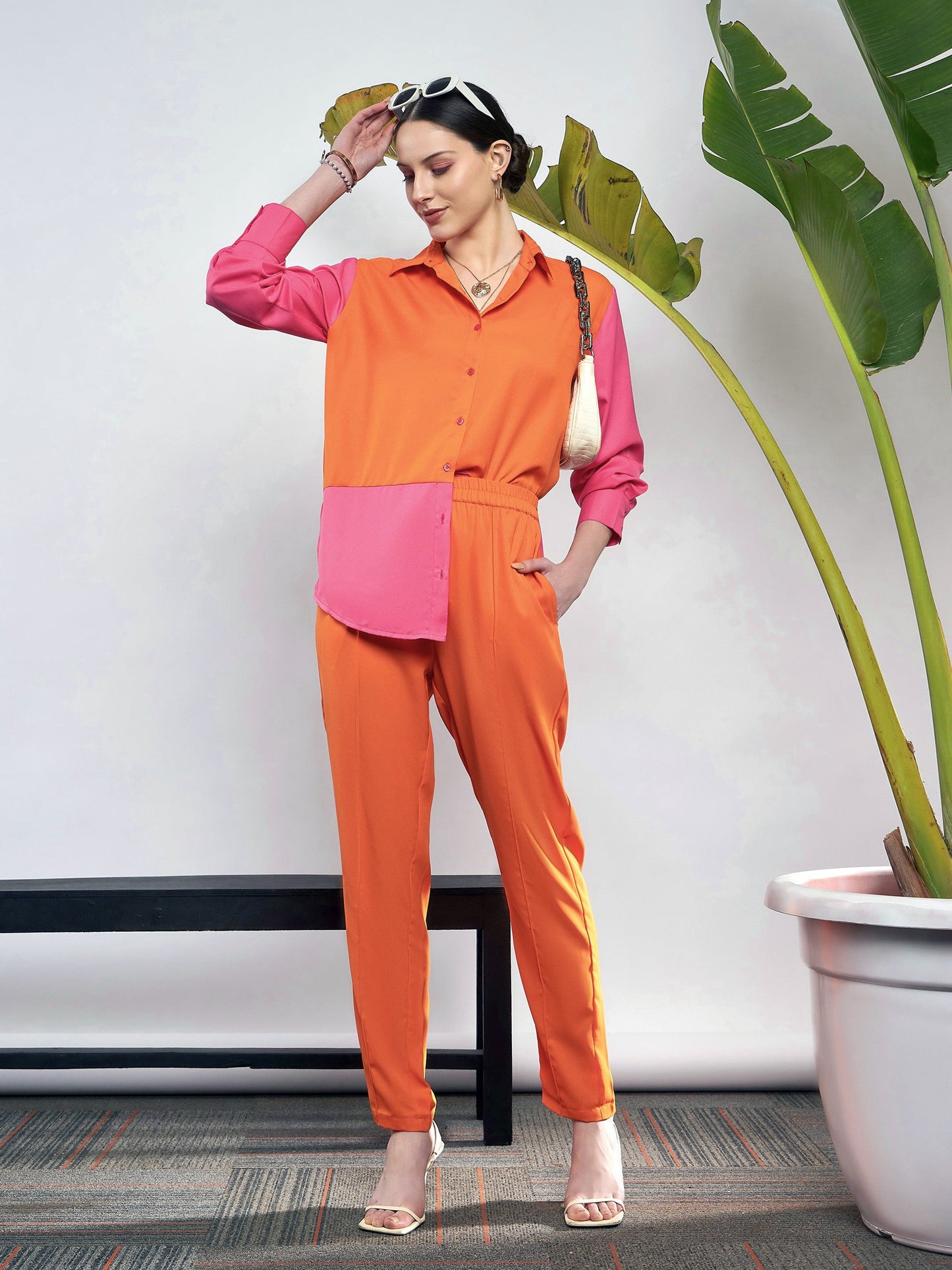 Women Orange & Pink Colo Block Shirt With Darted Pants