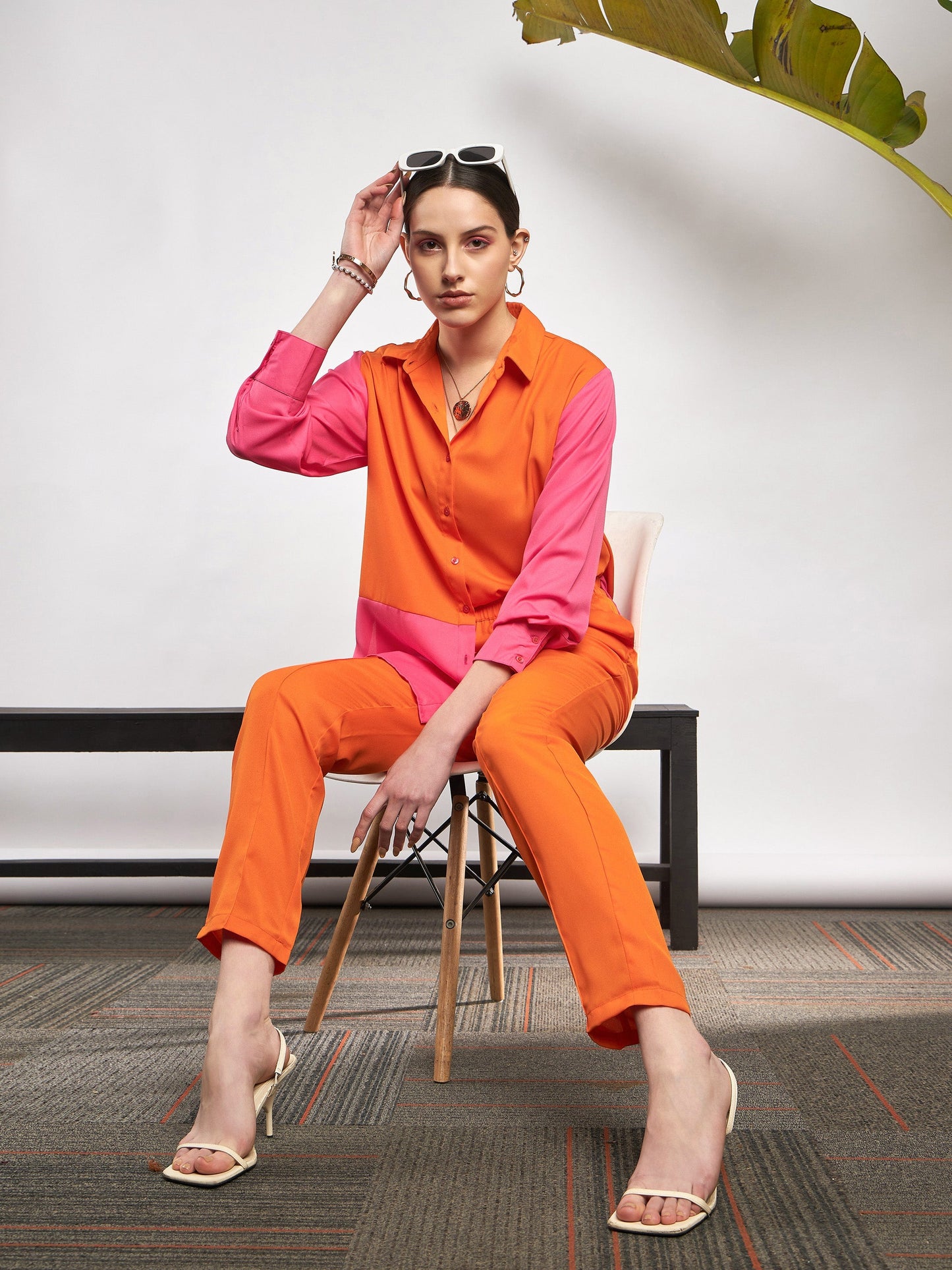 Women Orange & Pink Colo Block Shirt With Darted Pants