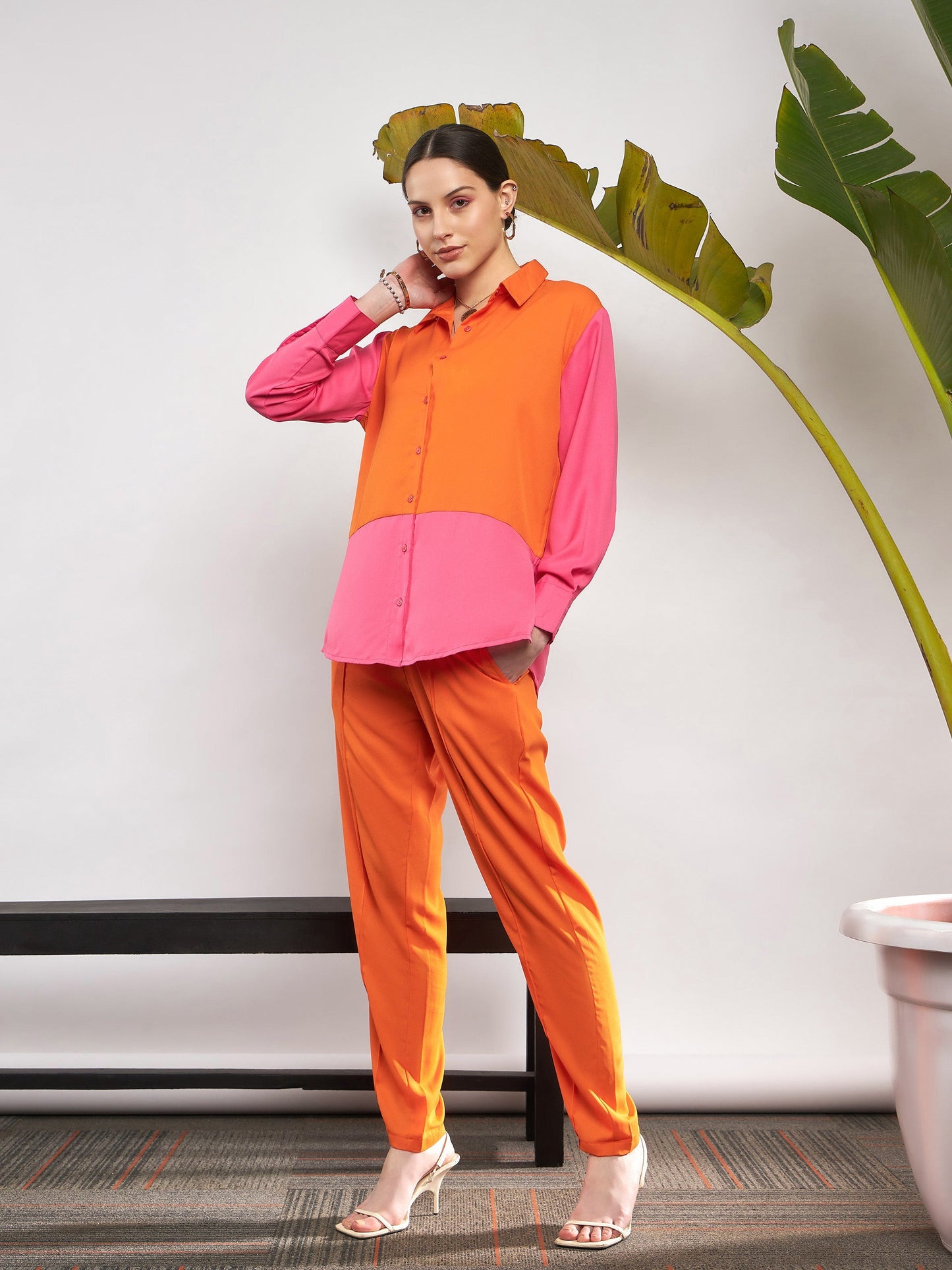 Women Orange & Pink Colo Block Shirt With Darted Pants