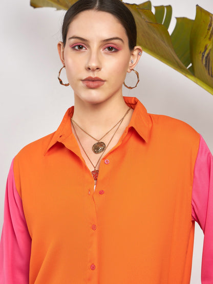Women Orange & Pink Colo Block Shirt With Darted Pants