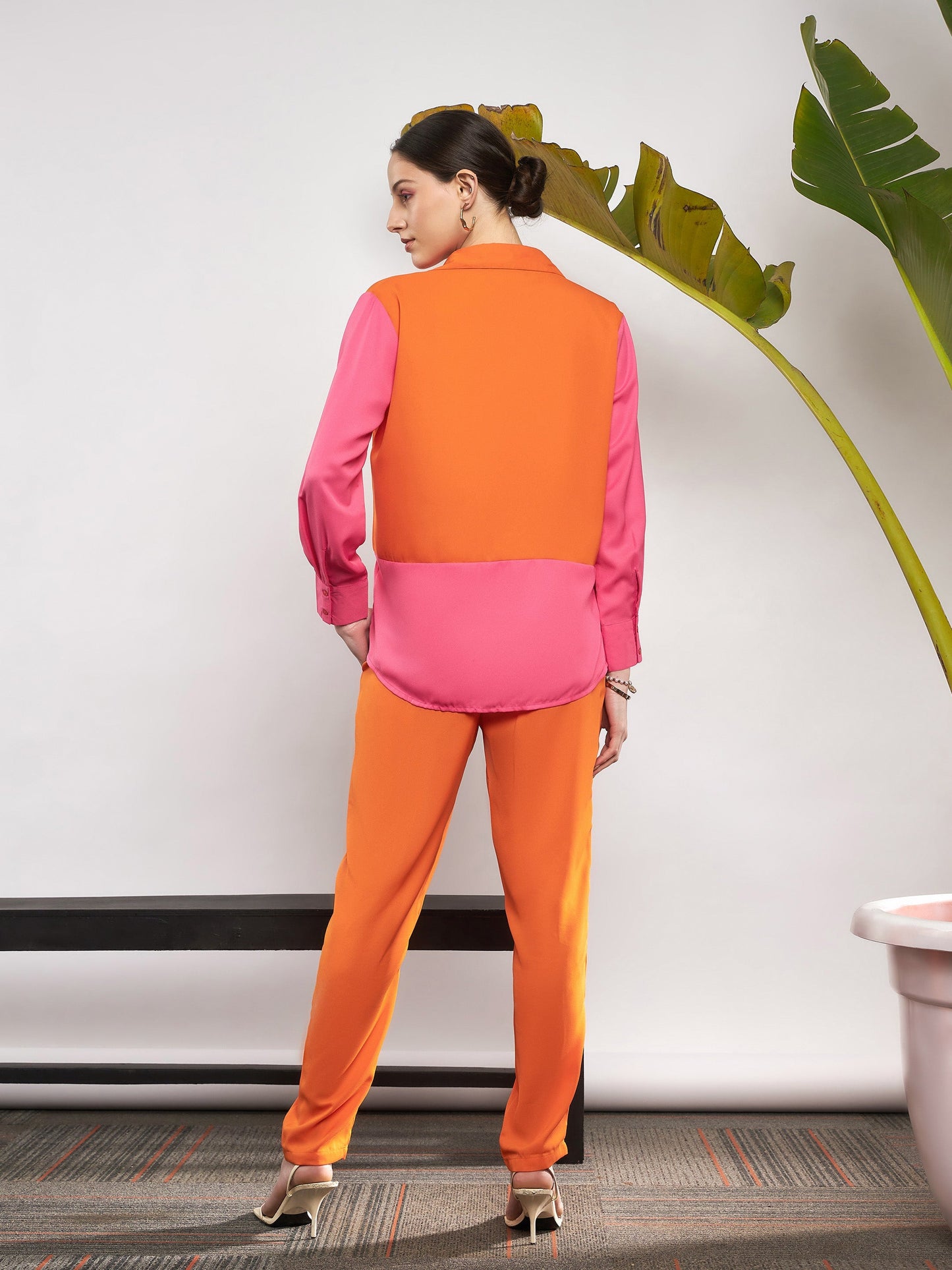 Women Orange & Pink Colo Block Shirt With Darted Pants