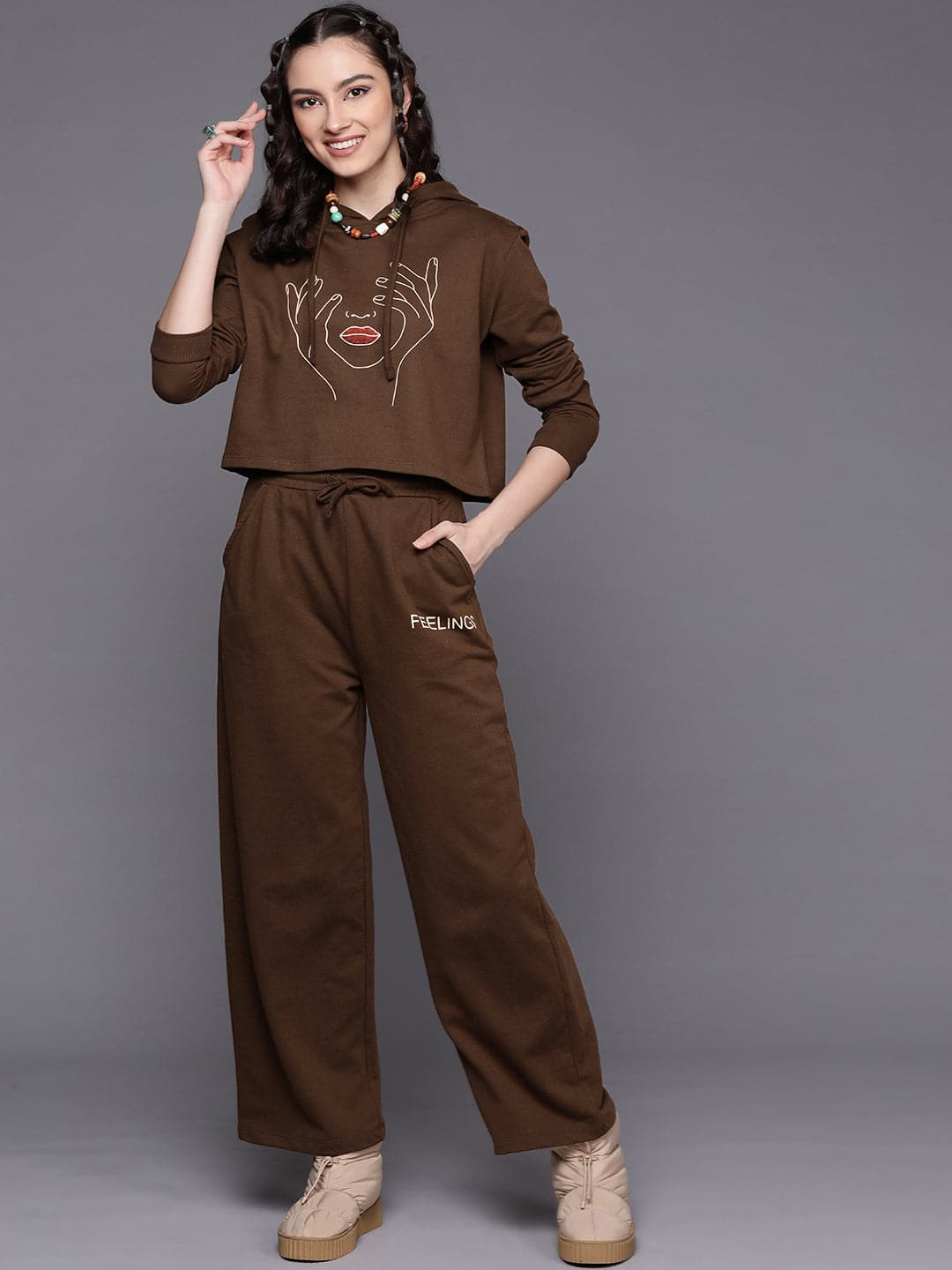 Women's Women Brown Line Art Crop Hoodie With Track Pants in Cotton by Sassafras for wholesale, bulk, supplier, manufacturer and wholesaler buyers from Trendphoria