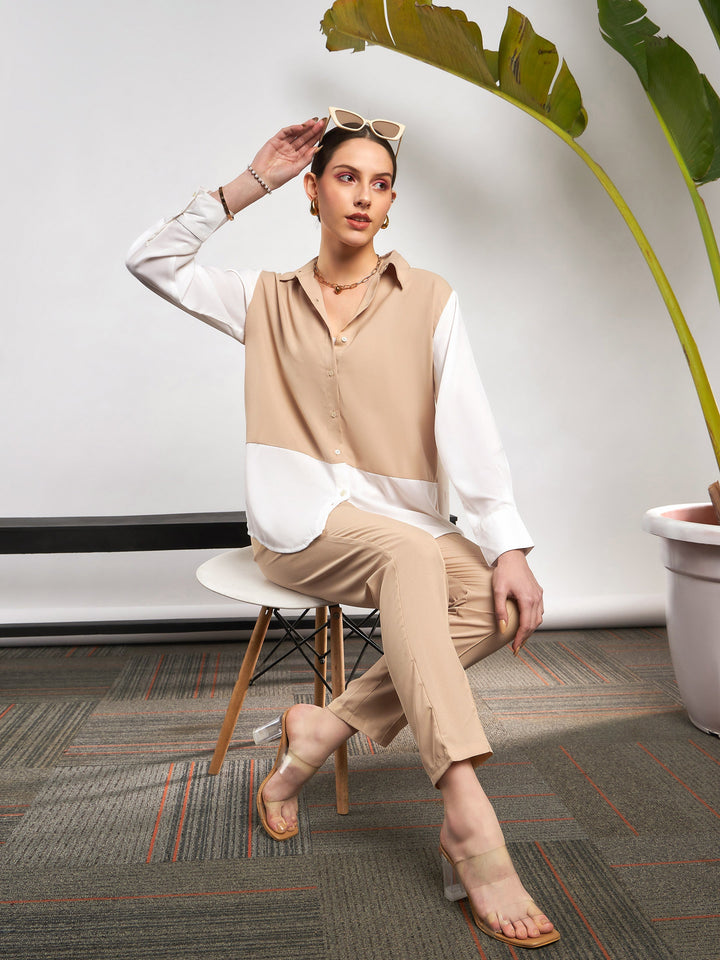 Women Beige &amp; White Colo Block Shirt With Darted Pants