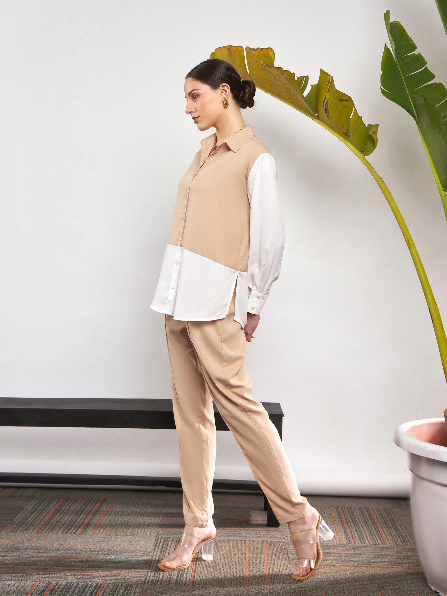Women Beige & White Colo Block Shirt With Darted Pants