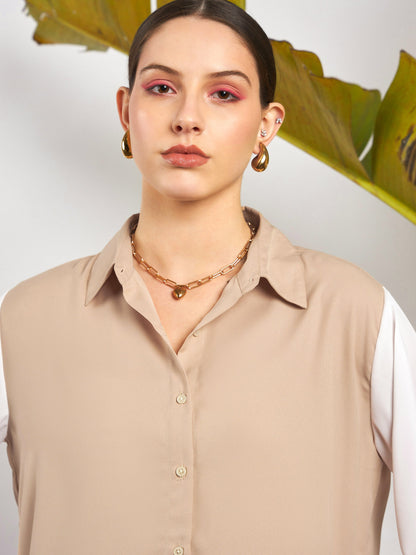 Women Beige & White Colo Block Shirt With Darted Pants