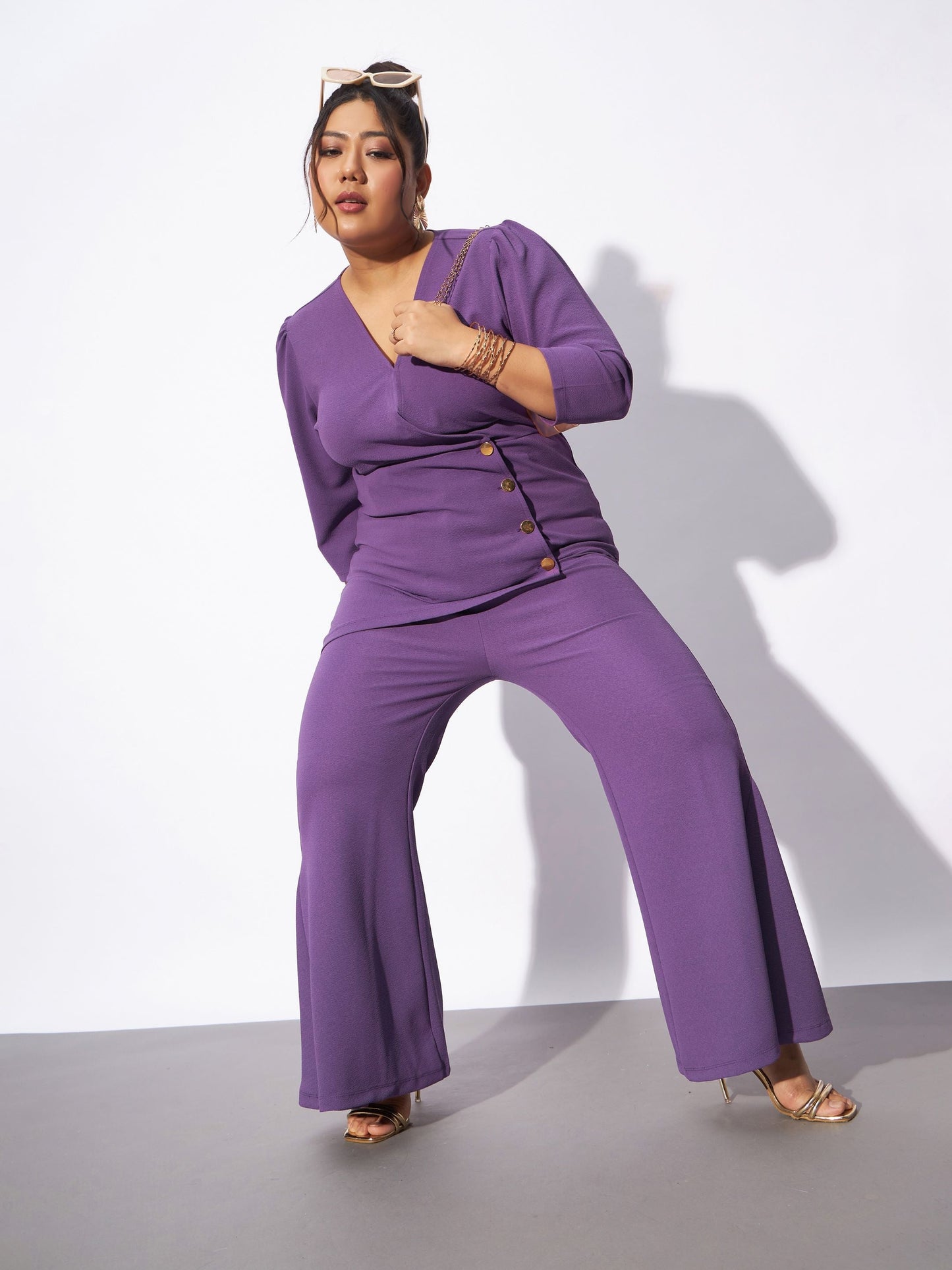 Lilac Wrap Top With Kick Pleat Pants