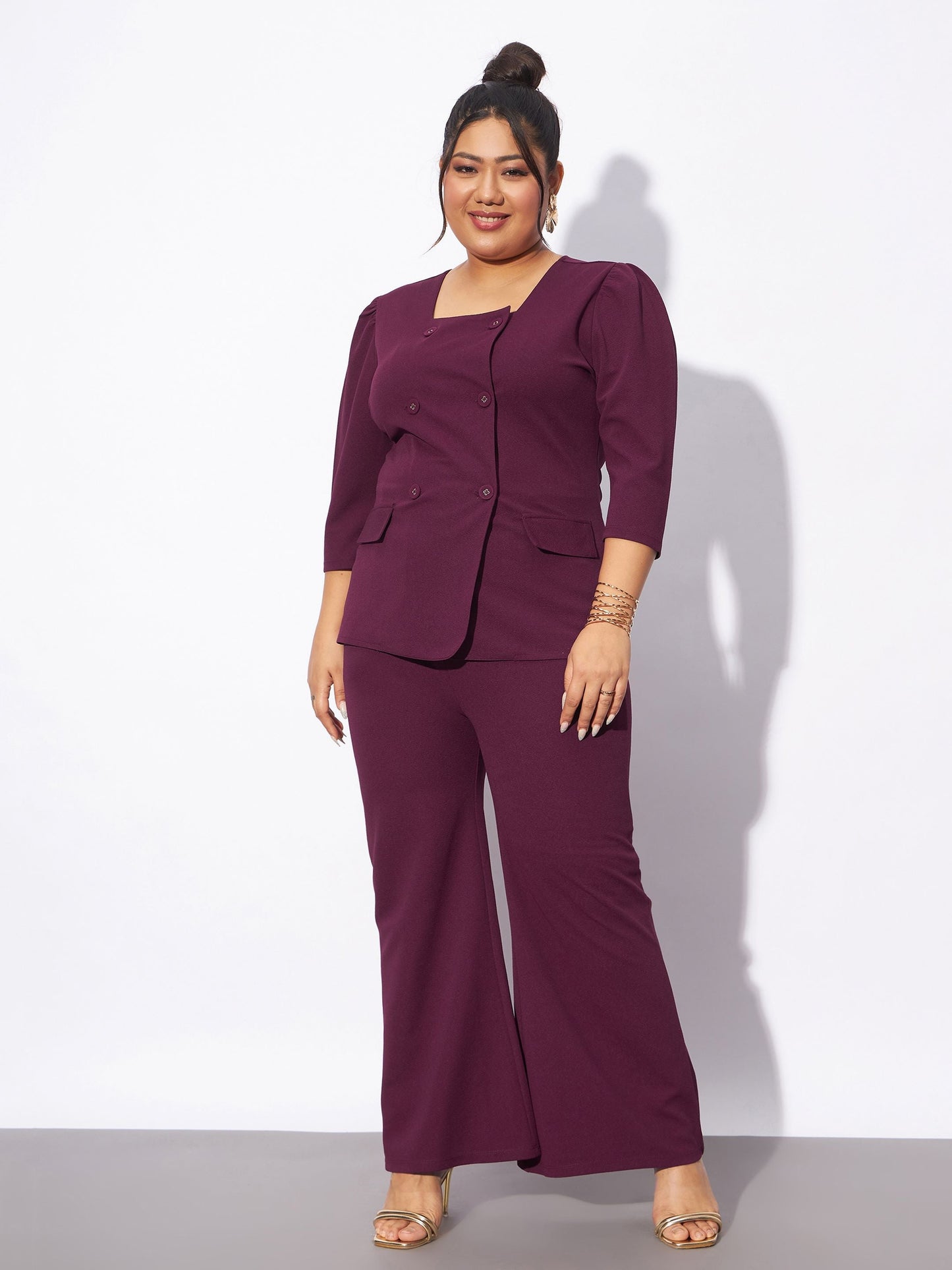Burgundy Front Button Top With Straight Pants