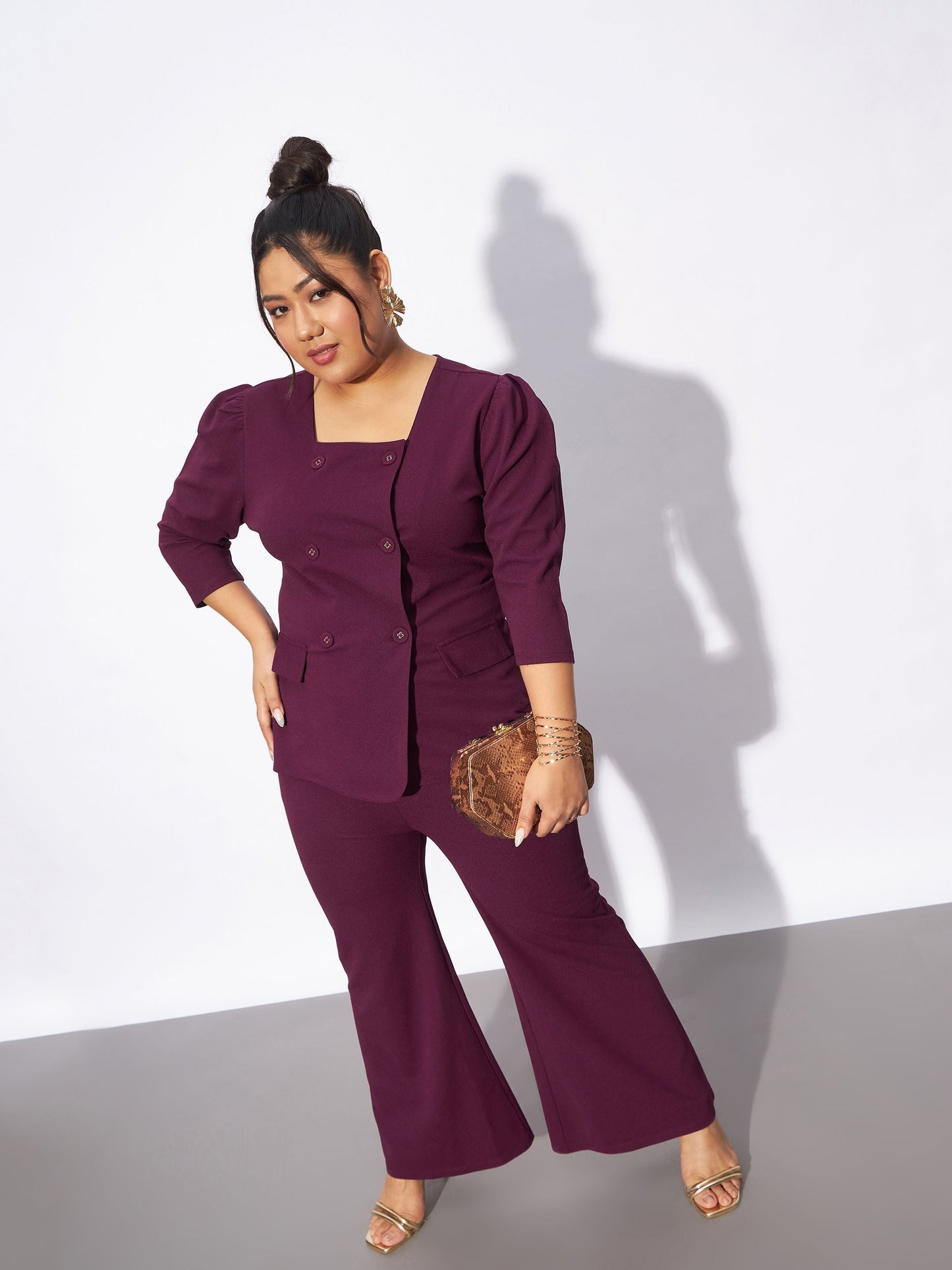 Burgundy Front Button Top With Straight Pants