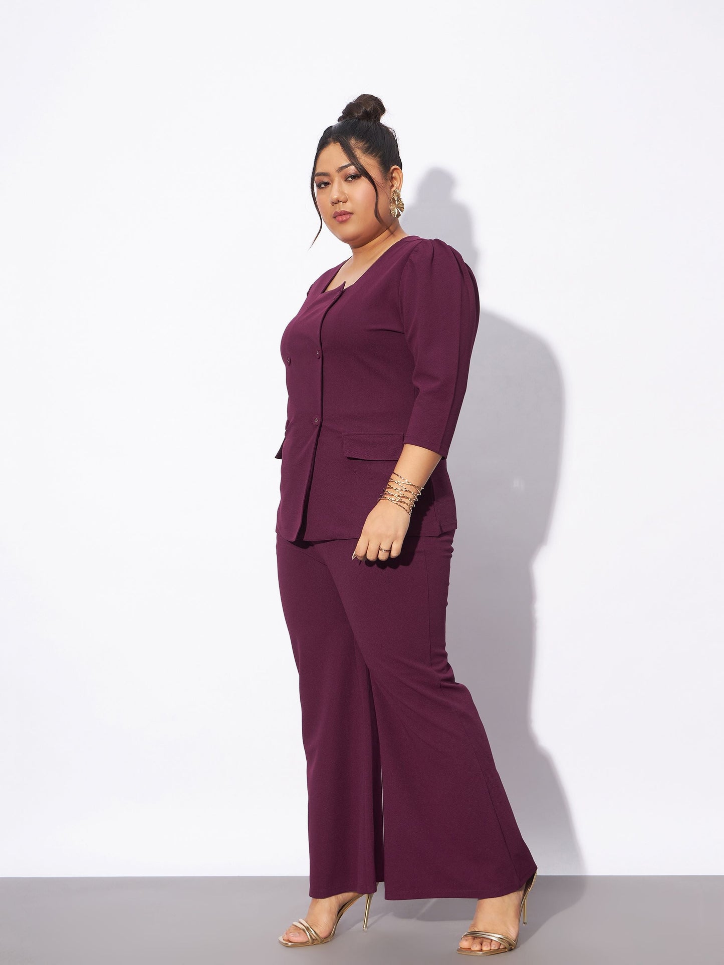 Burgundy Front Button Top With Straight Pants