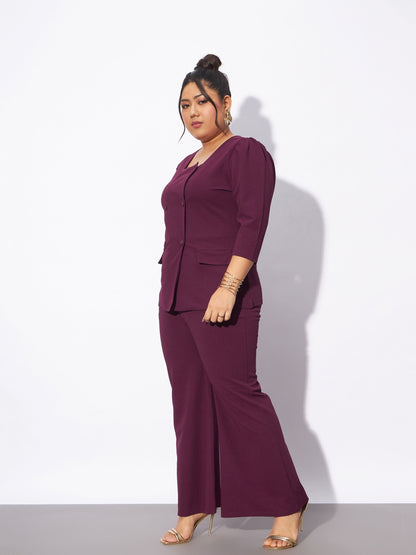 Burgundy Front Button Top With Straight Pants