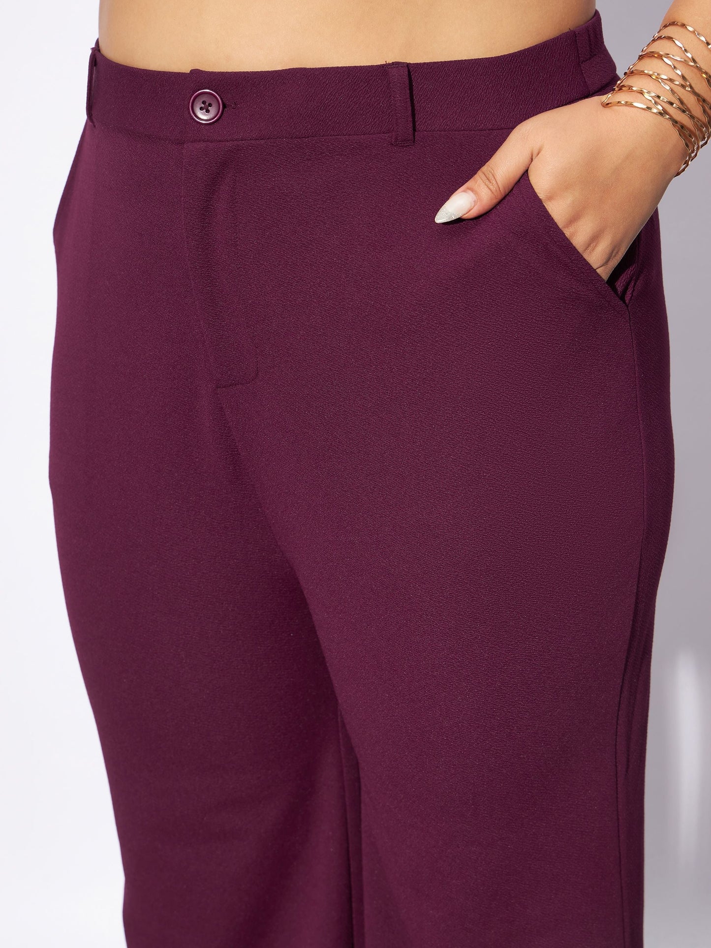 Burgundy Front Button Top With Straight Pants