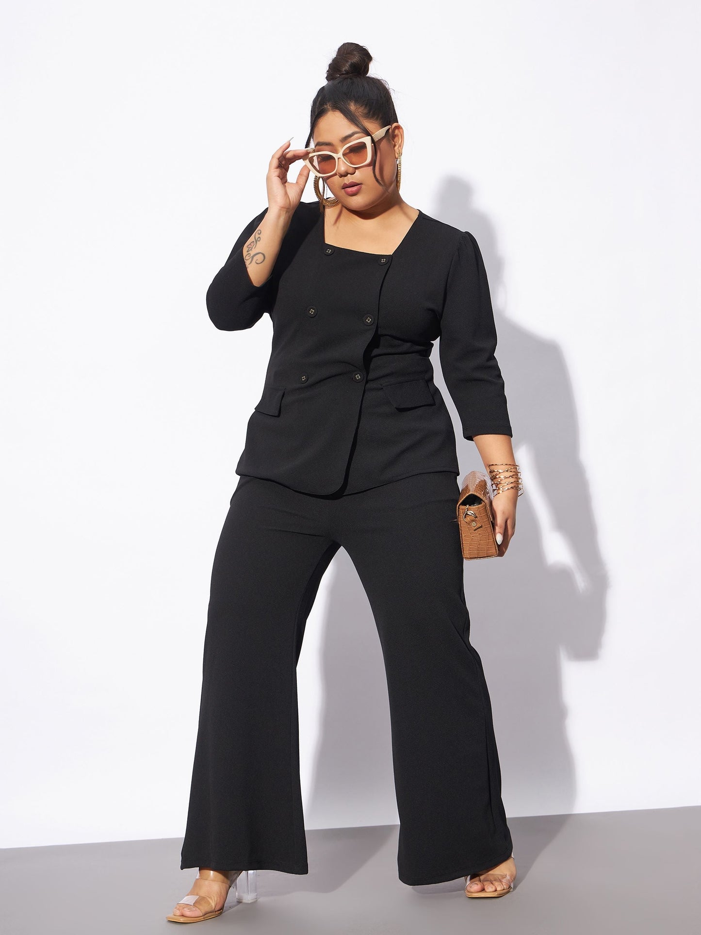 Black Front Button Top With Straight Pants