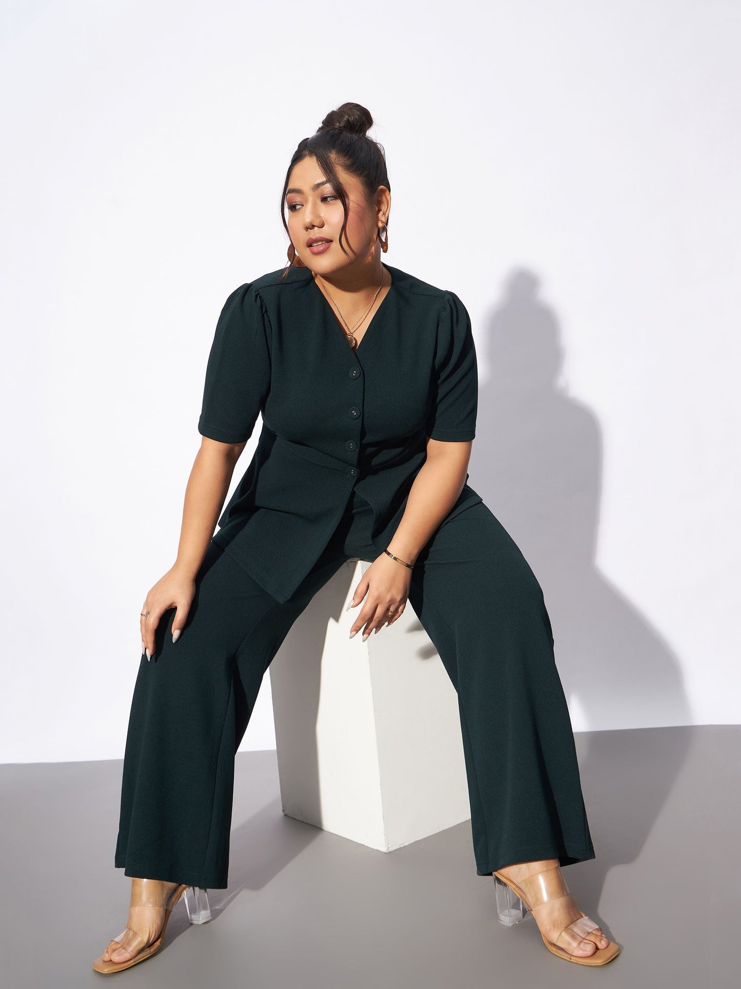 Emerald Green Front Button Top With Pants-SASSAFRAS Curve