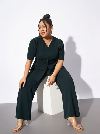 Emerald Green Front Button Top With Pants-SASSAFRAS Curve